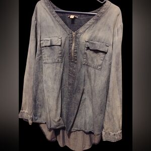 Denim V-Neck Long Sleeve Top